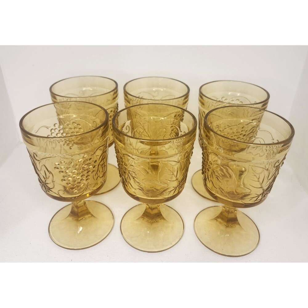 VTG Indiana Glass Tiara  Amber Goblet Grapevine Sandwhich  Pattern Set of 6